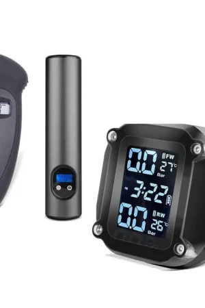 Trendy Bandenspanningsmeter Set compatibel met Suzuki Intruder M 1800 R met Bandenspanningscontrolesysteem en Minicompressor Tourtecs