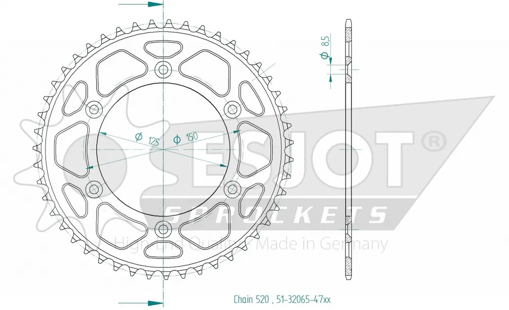 ESJOT - REAR ALU 47T, 520 - Sprockets - Lichtgewicht Aluminium Fabrieksprijs
