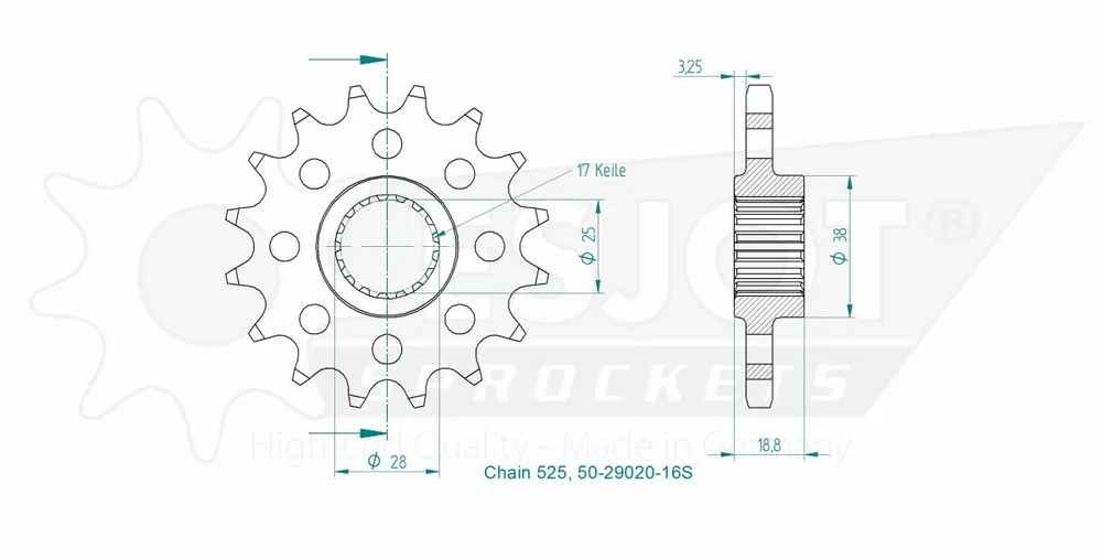 ESJOT - FRONT 16T, LIGHT, 525 - Sprockets - Lichtgewicht ontwerp Veilige Betaling