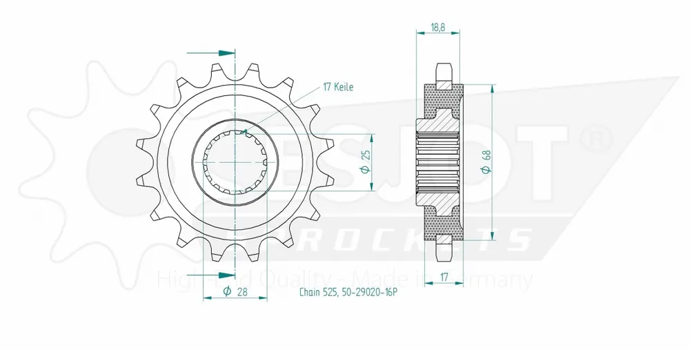 ESJOT - FRONT 16T, 525 - Sprockets - RUBBER CUSHIONED Rechtstreeks Van De Fabrikant