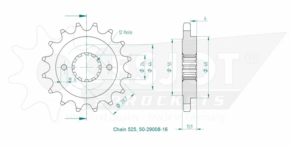 ESJOT - FRONT 16T, 525 - Sprockets - 16T Hoge Kwaliteit