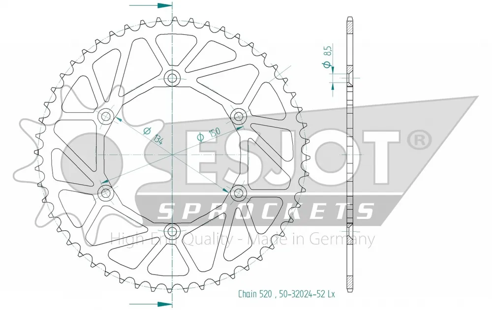 ESJOT - REAR STEEL LIGHT 52T, 520 - Sprockets - Lichtgewicht ontwerp Exclusieve Aanbieding