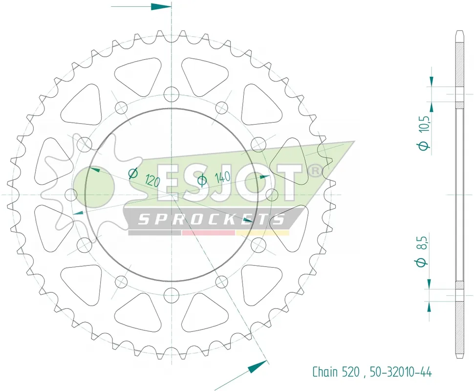 Dagaanbieding ESJOT - REAR ALU 44T, 520 - Sprockets - Compatible met Kawasaki