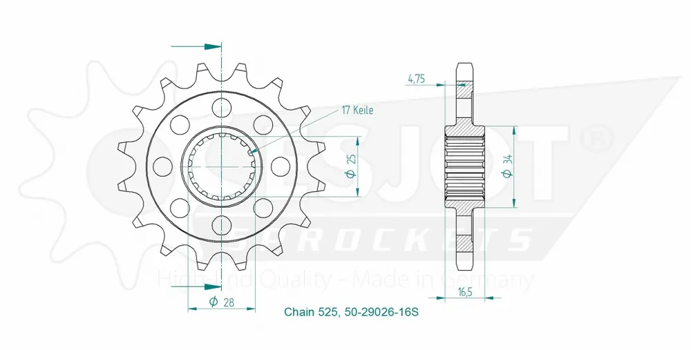 Exclusief ESJOT - FRONT LIGHT 16T, 525 - Sprockets - Compatibiliteit met KTM