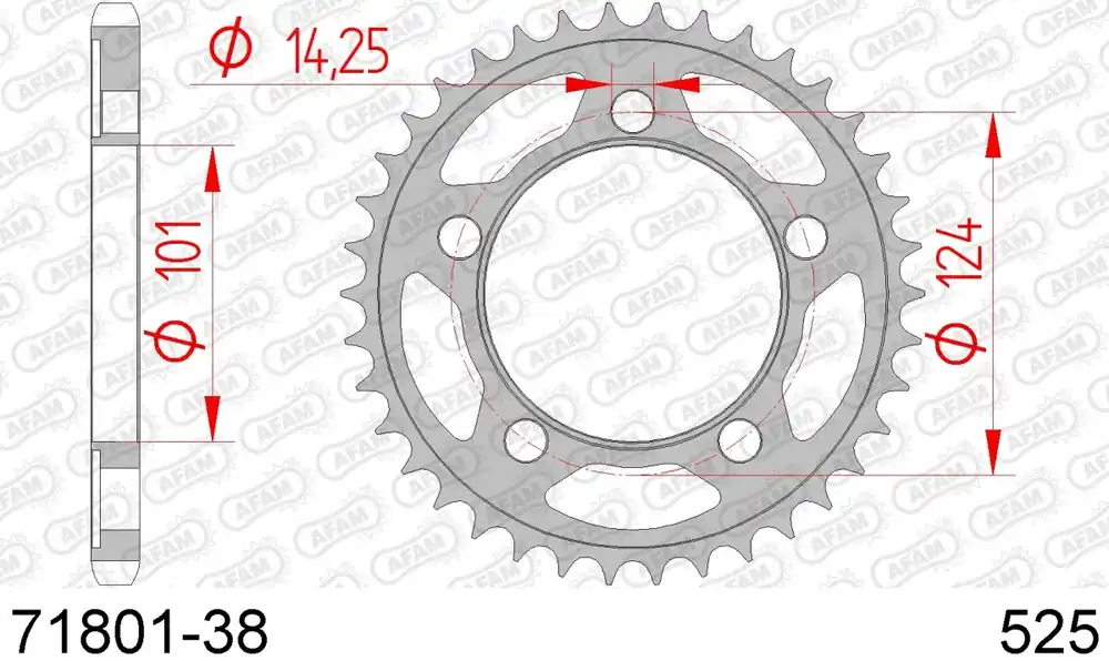 AFAM - REAR STEEL 38T, 525 - Sprockets - Staal Fabrieksprijs