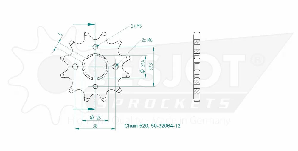 ESJOT - FRONT 12T, 520 - Sprockets - Compatibel met Yamaha XV 125 Handgemaakt